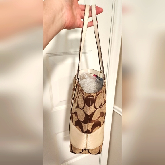 Coach Signature C Shoulder Tote Bag w/ Satin Stripe & Leather Trim 14" X 10" - Picture 8 of 14